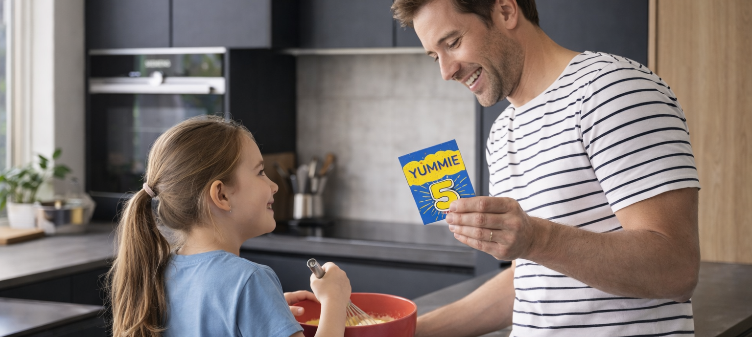 Vader en dochter in keuken met yummiekaart